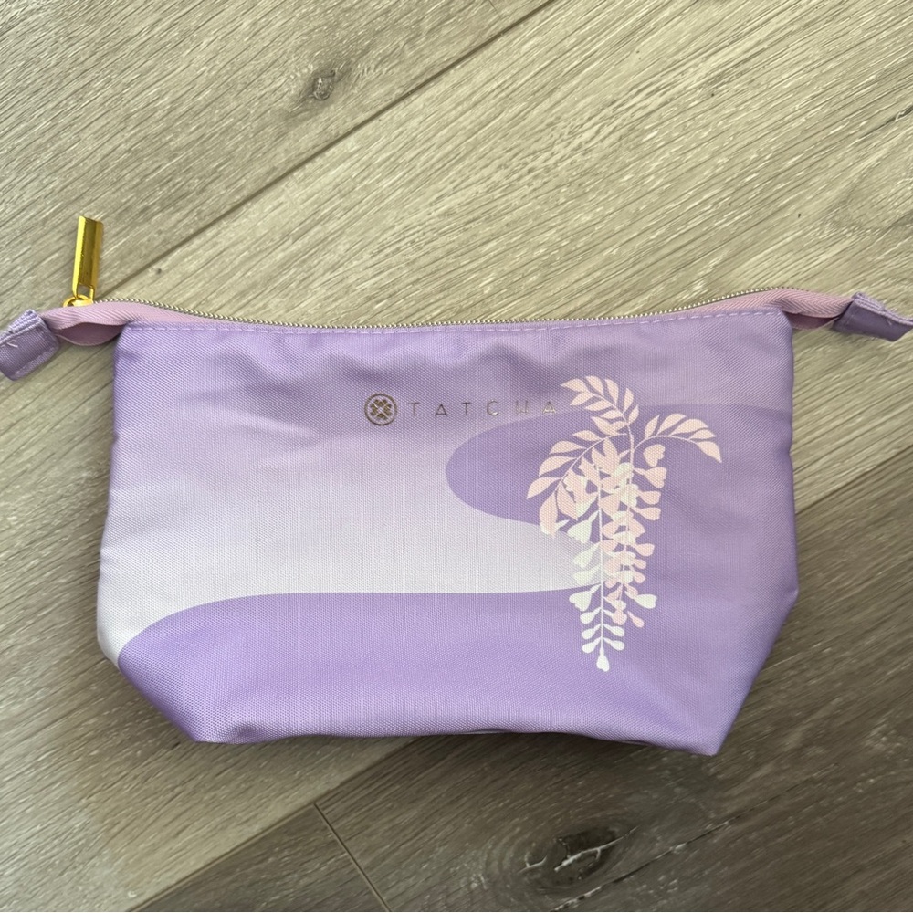 Tatcha Purple Cosmetic Bag with Floral Design NWOT